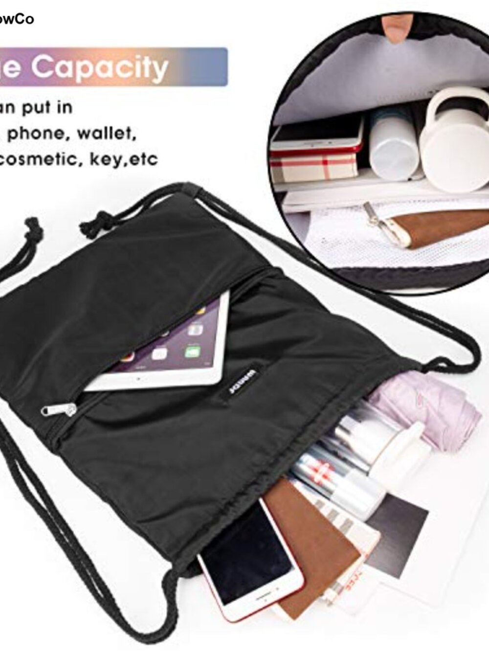 WANDF Drawstring Backpack Lightweight Foldable Gym Sackpack Polyester - Picture 4 of 5